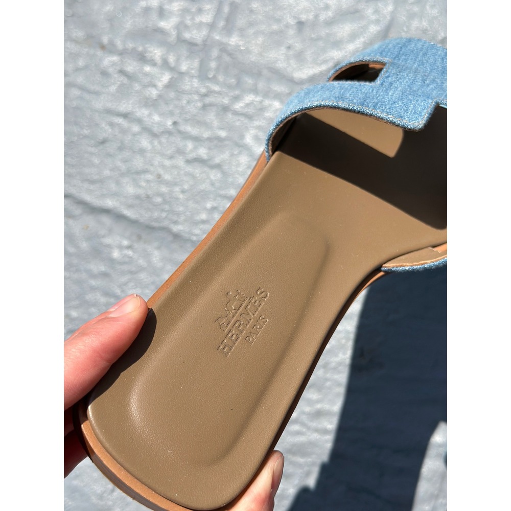 Hermes Oran Denim Sandals Blue denim Slides Size 39 Flat Shoes - Picture 3 of 11